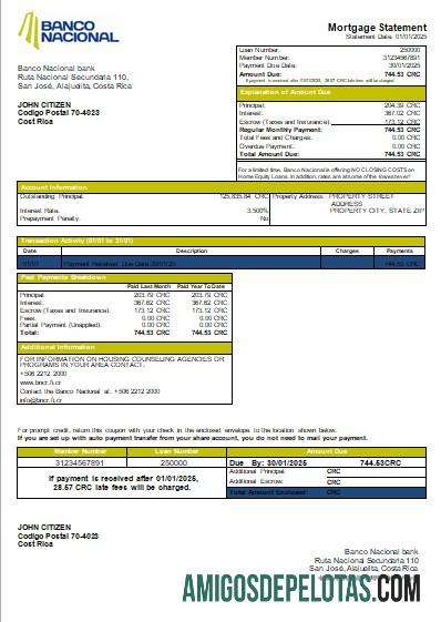 Costa Rica Banco Nacional Bank Mortgage Statement Scr amostra